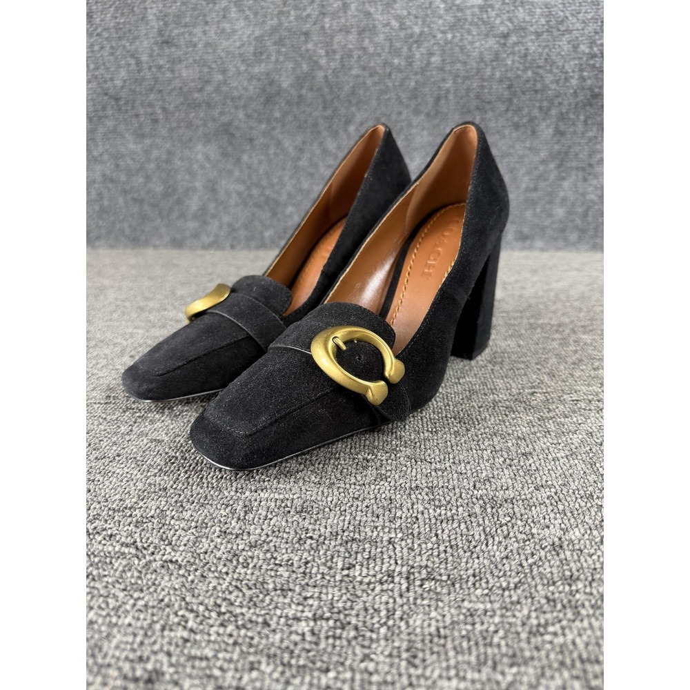Coach Heels Womens 8.5 Black Suede Block Heel Logo Buckle Square Toe Pumps